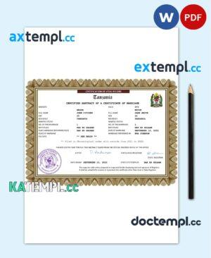 sample Tanzania marriage certificate Word and PDF template, completely editable download
