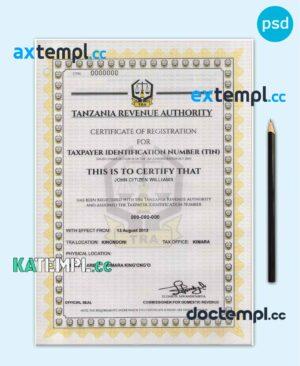 sample Tanzania taxpayer identification number (TIN) registration certificate PSD template download