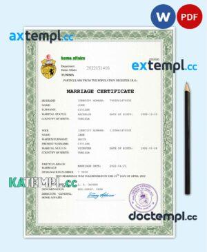 sample Tunisia marriage certificate Word and PDF template, fully editable download