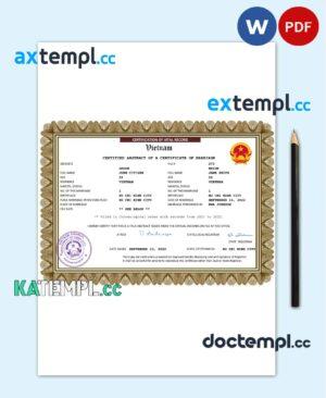 sample Vietnam marriage certificate Word and PDF template, fully editable download