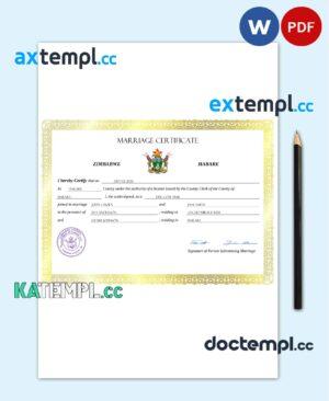 sample Zimbabwe marriage certificate Word and PDF template, completely editable download