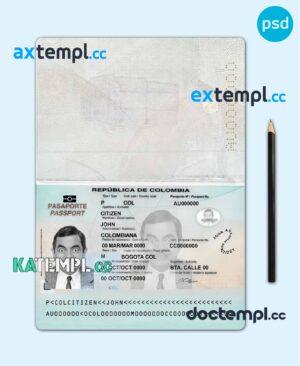sample Colombia passport template in PSD format, fully editable, 2018 - present download