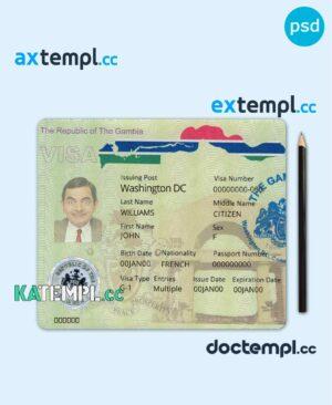 sample Gambia entry visa PSD template, fully editable download
