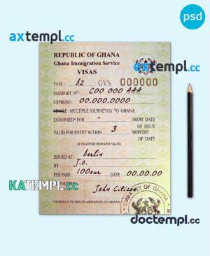 sample Ghana entry visa PSD template, completely editable, with fonts download