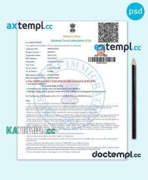 sample India electronic visa PSD template, fully editable download