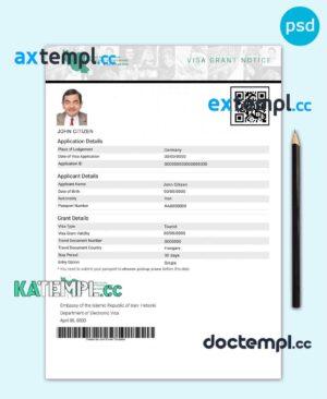 sample Iran electronic visa PSD template, fully editable download