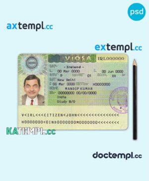sample Ireland travel visa PSD template, fully editable download