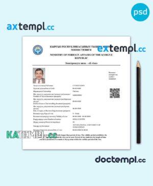 sample Kyrgyzstan electronic visa PSD template, completely editable, with fonts download