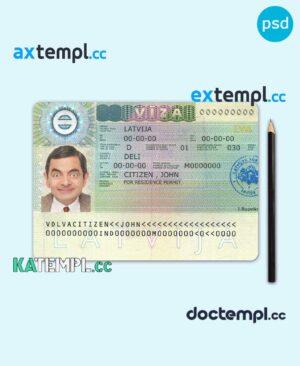 sample Latvia travel visa PSD template, completely editable, with fonts download