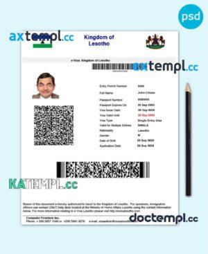 sample Lesotho electronic visa PSD template, completely editable, with fonts download