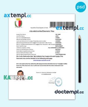 sample Malta electronic visa PSD template, fully editable download