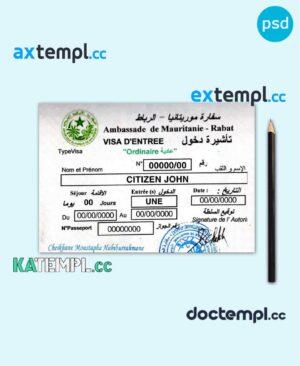 sample Mauritania - Rabat travel visa PSD template, completely editable, with fonts download