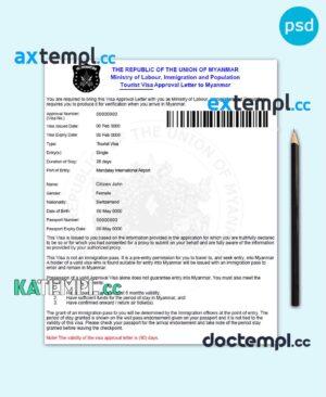 sample MYANMAR electronic tourist visa PSD template, fully editable download