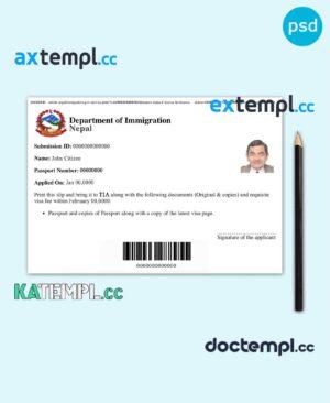 sample Nepal electronic tourist visa PSD template, fully editable download