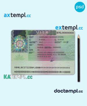 sample Netherlands travel visa PSD template, completely editable, with fonts download