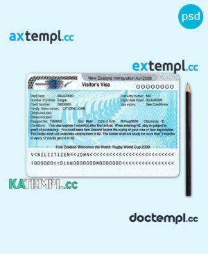 sample New Zealand tourist entry visa PSD template, with fonts download