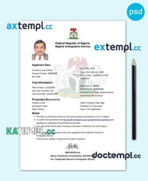 sample Nigeria electronic travel visa PSD template, completely editable, with fonts download