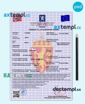 sample Norway work permit, e-visa PSD template, completely editable, with fonts download