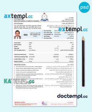 sample Oman electronic entry visa PSD template, with fonts download