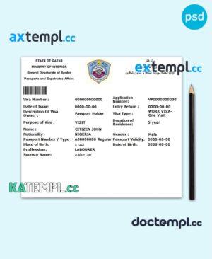 sample QATAR electronic visa PSD template, completely editable, with fonts download
