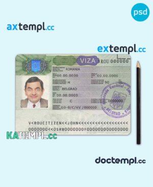 sample Romania tourist visa PSD template, fully editable download