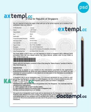 sample Singapore electronic visa PSD template, completely editable, with fonts download