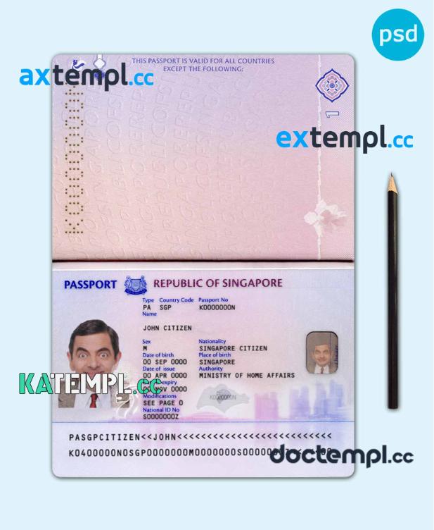 sample Singapore passport template in PSD format, fully editable, 2017- present download