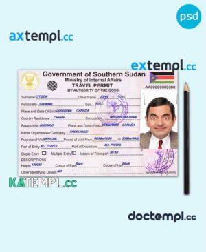 sample South Sudan travel permit - visa PSD template, completely editable, with fonts download