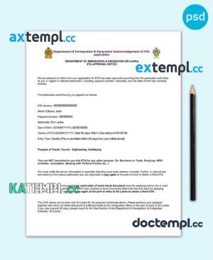 sample Sri Lanka electronic travel visa PSD template, with fonts download