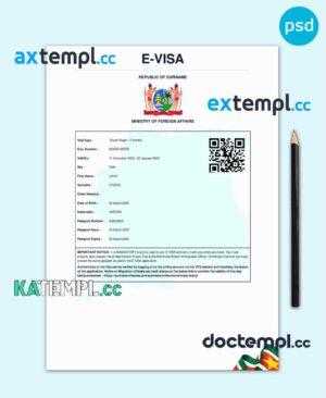sample Suriname electronic travel visa PSD template, with fonts download