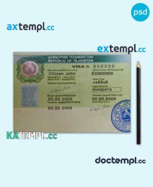 sample Tajikistan travel visa PSD template, with fonts download