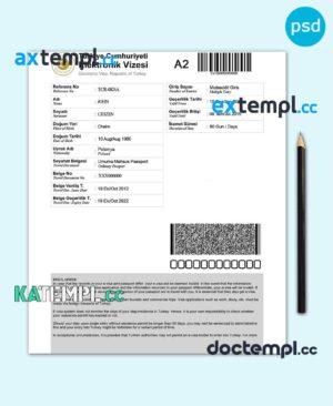 sample Turkey electronic travel visa PSD template, with fonts download