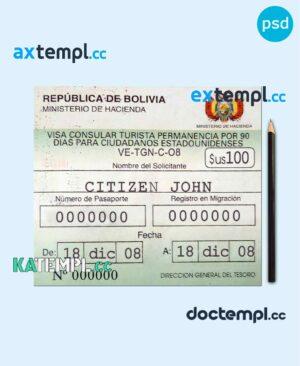 sample Bolivia travel visa PSD template, with fonts download
