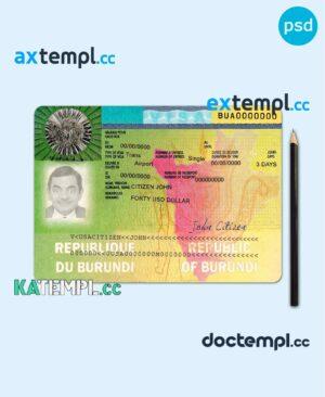 sample Burundi travel visa PSD template, with fonts download