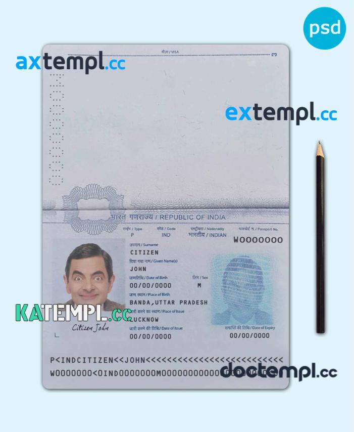 sample India passport template in PSD format, fully editable, with all fonts (2020 - present) download