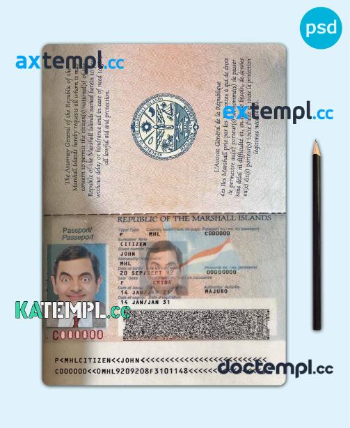 sample Marshall Islands passport template in PSD format, fully editable, with all fonts download