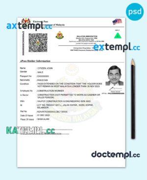 sample MALAYSIA e-pass multiple entry visa PSD template, completely editable, with fonts download