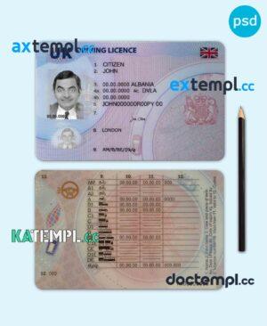 sample United Kingdom driving license template in PSD format, fully editable, version 2 download