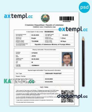 sample Uzbekistan electronic travel visa PSD template, with fonts download