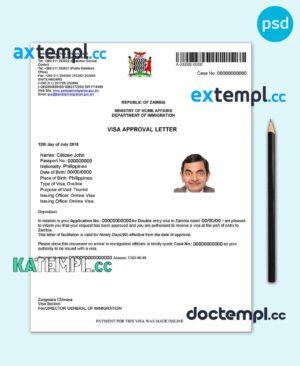 sample Zambia electronic travel visa PSD template, with fonts download