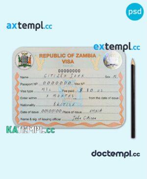 sample Zambia entry visa PSD template, fully editable download