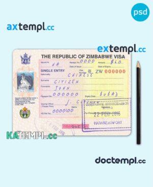 sample Zimbabwe entry visa PSD template, completely editable, with fonts download