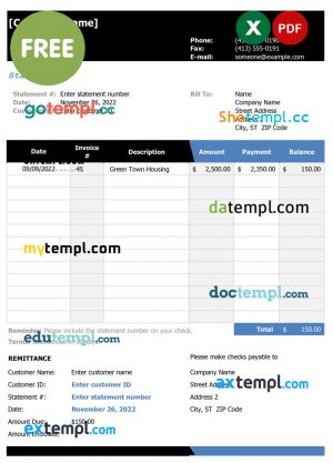 free download bank statement 3 - 6 months example in Excel and PDF formats