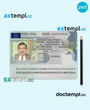 sample Lithuania Schengen visa from Lithuanian embassy, PSD template, 2022 download