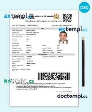 sample Malawi electronic travel visa PSD template, fully editable download