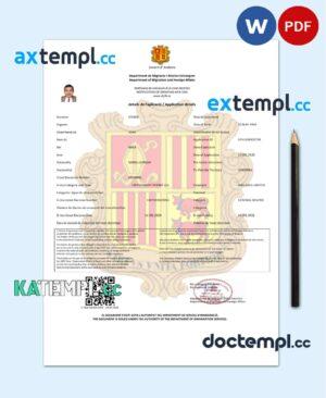 sample Andorra e-visa Word and PDF template, fully editable download