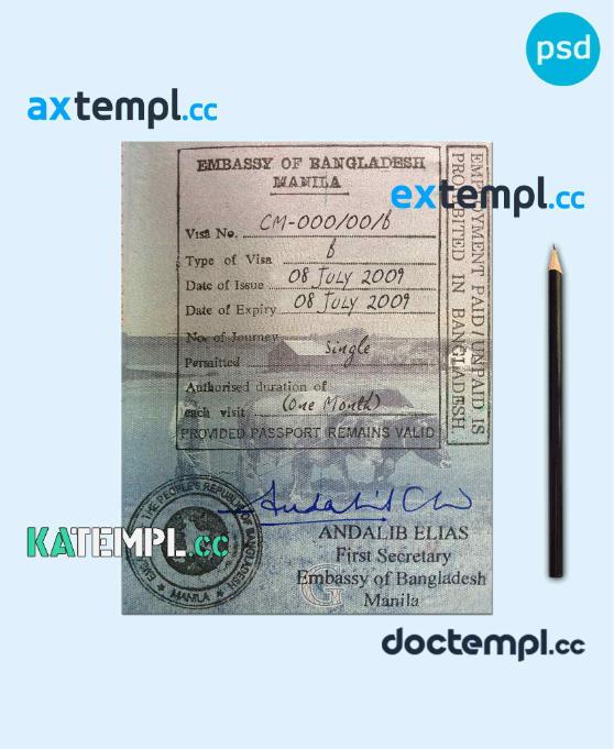 sample Bangladesh stamp tourist visa PSD template download