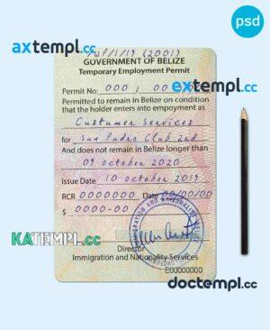 sample Belize work visa PSD template, fully editable download