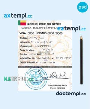 sample Benin travel visa PSD template, with fonts download