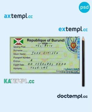 sample Burundi entry visa PSD template, with fonts download